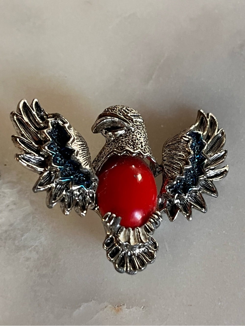 Vintage Gerry's Eagle Brooch Pin Silver Tone Faux Coral Red Cabochon